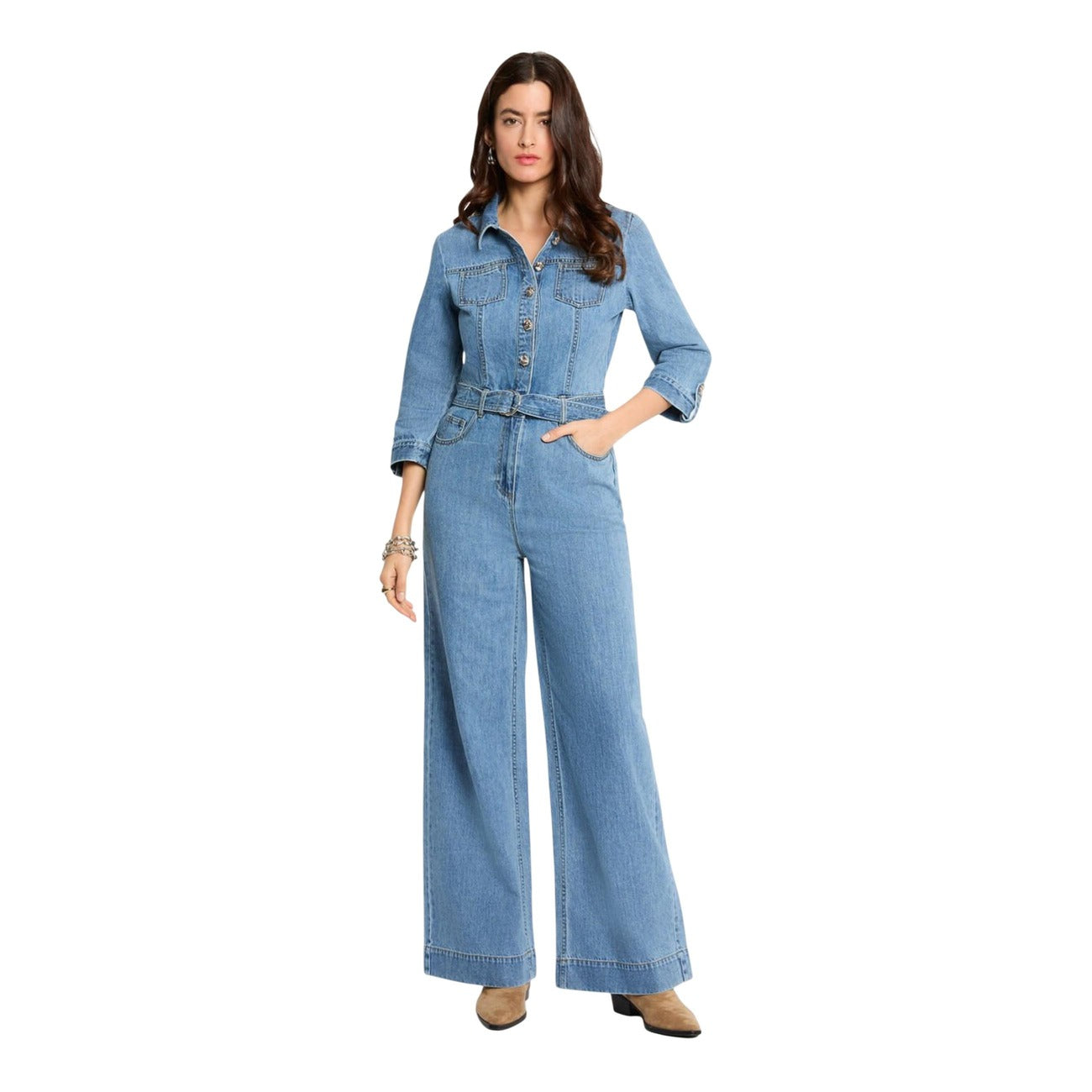 Tuta lunga in denim con cintura