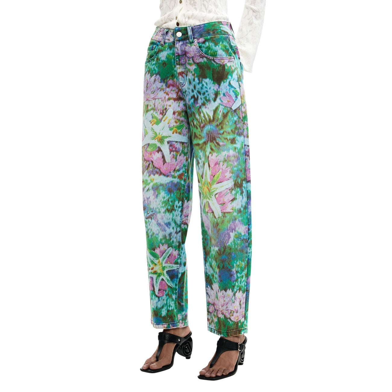 Jeans floreali multicolor a gamba dritta